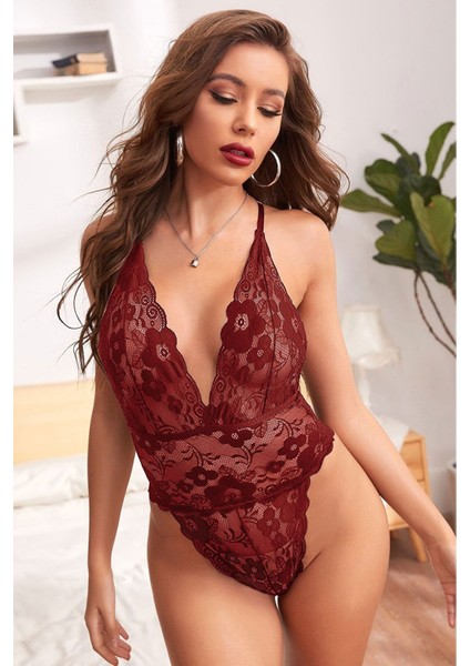 Sırtı Ip Detaylı Dantelli Bodysuit Bordo