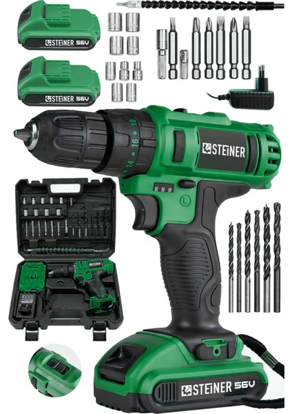 Germany Technology Darbeli 56 V 5 Ah Bakır Sargılı Çift Akülü Şarjlı Vidalama Matkap Yeşil + Set