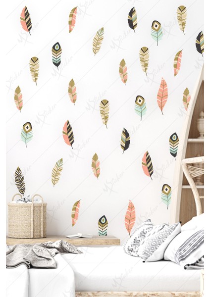 Bohem Tarzı Kuş Tüyleri 68 Adet Çocuk Bebek Odası Sticker Seti