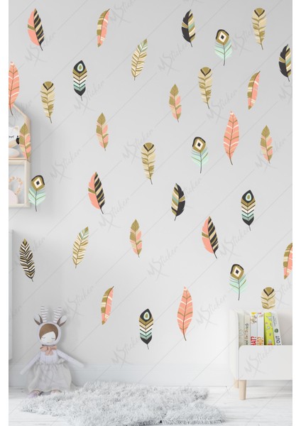 Bohem Tarzı Kuş Tüyleri 68 Adet Çocuk Bebek Odası Sticker Seti modelleri