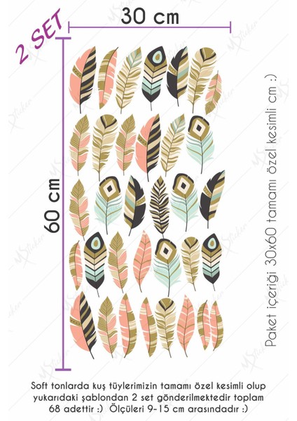 Bohem Tarzı Kuş Tüyleri 68 Adet Çocuk Bebek Odası Sticker Seti fırsatları