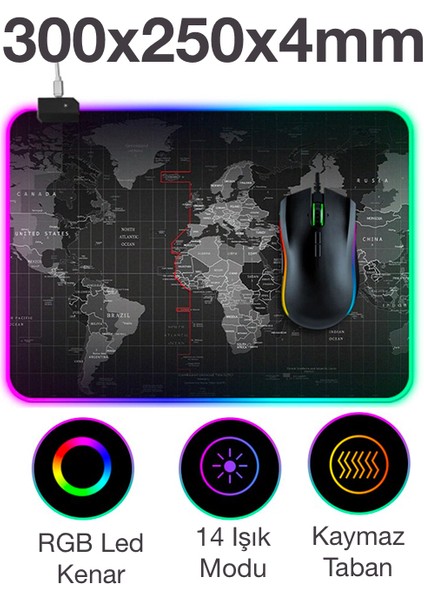 Dünya Desenli Rgb LED Işıklı Oyuncu Mouse Pad 300*250*4MM AL-34805