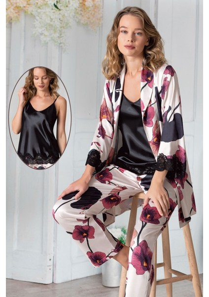 VİENETTA 161061-5131 BAYAN SATEN 3 LÜ EKRU PİJAMA TAKIMI