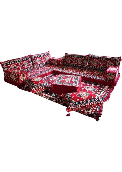 Şark Köşesi Minderi Ürgüp Desenli 120x180 cm Kilim , 60x60 cm Orta Puf Konsept Kırmızı 13 Parça