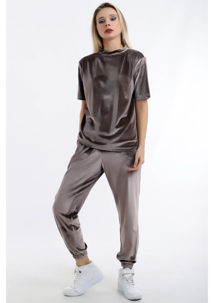 Özel Tasarım Kadife Yuvarlak Yaka Kısa Kol Bluz Pantolon Takım fırsatları