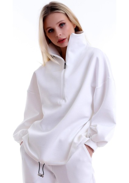 Özel Tasarım Fermuarlı Dik Yakalı Beli Büzgülü Rahat Sweatshirt