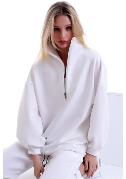 Özel Tasarım Fermuarlı Dik Yakalı Beli Büzgülü Rahat Sweatshirt fiyatları