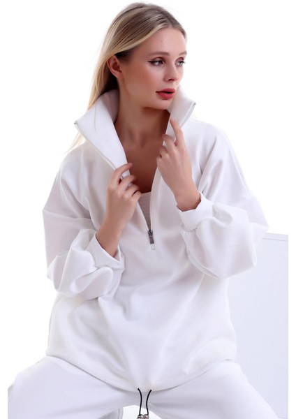 Özel Tasarım Fermuarlı Dik Yakalı Beli Büzgülü Rahat Sweatshirt fırsatları