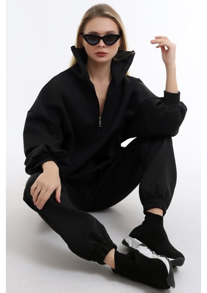 Özel Tasarım Fermuarlı Dik Yakalı Beli Büzgülü Rahat Sweatshirt