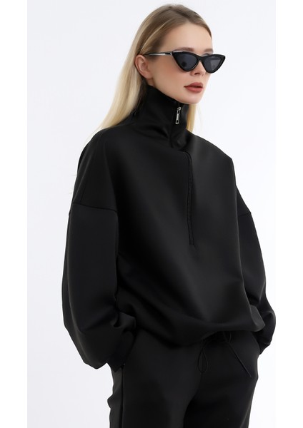 Özel Tasarım Fermuarlı Dik Yakalı Beli Büzgülü Rahat Sweatshirt fiyatları