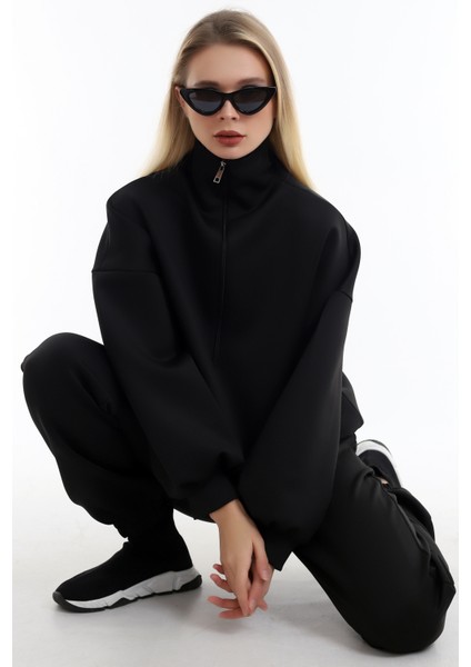 Özel Tasarım Fermuarlı Dik Yakalı Beli Büzgülü Rahat Sweatshirt fırsatları