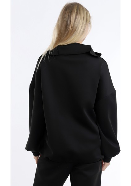 Özel Tasarım Fermuarlı Dik Yakalı Beli Büzgülü Rahat Sweatshirt