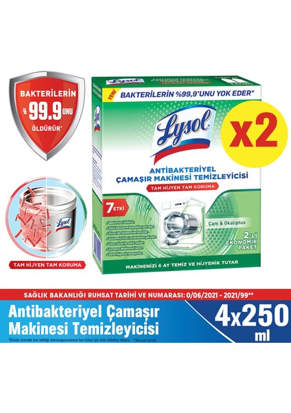 Antibakteriyel Çamaşır Makinesi Temizleyici Çam ve Okaliptus Ferahlığı 4 x 250 ml