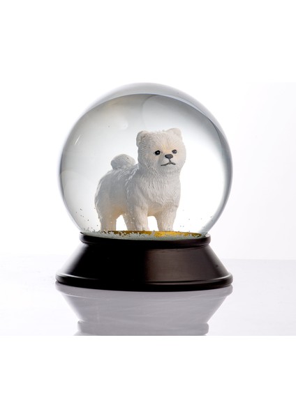 Cam ve Reçine Altın Patiler Pomeranian Boo (Beyaz) Kar Küresi