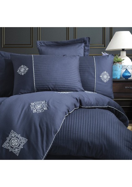 Elegant Zeugma Lacivert - Çift Kişilik Nakışlı Saten Nevresim Takımı fırsatları
