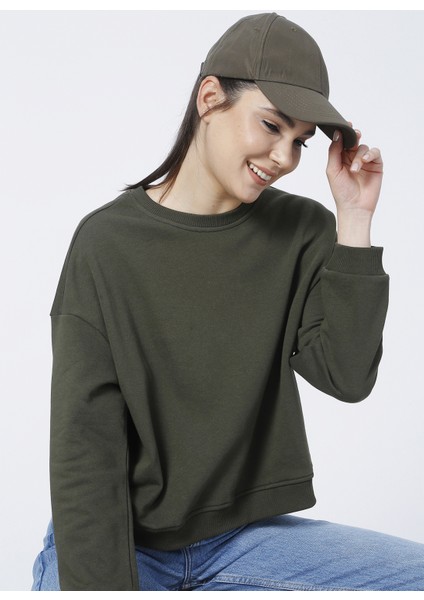 Ravello-Y Bisiklet Yaka Crop Düz Haki Kadın Sweatshirt