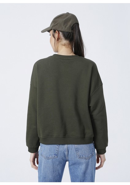 Ravello-Y Bisiklet Yaka Crop Düz Haki Kadın Sweatshirt