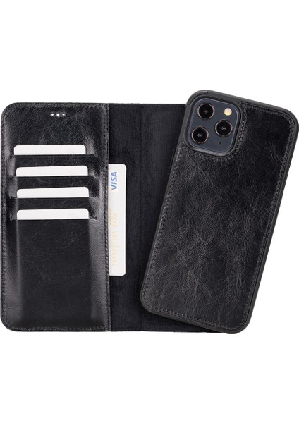 iPhone 12 Pro Max Uyumlu Deri Cüzdanlı Kılıf Rst1 Siyah