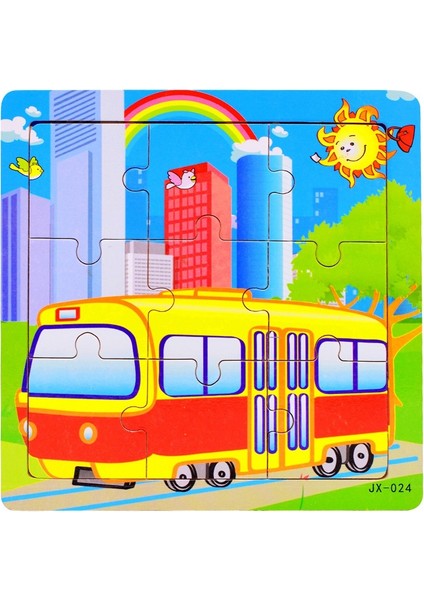 Sevimli Karikatür Desenli 9 Parça Ahşap Puzzle Eğitici Oyuncaklar - Otobüs (Yurt Dışından)