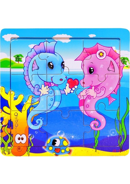 Sevimli Karikatür Desenli 9 Parça Ahşap Puzzle Eğitici Oyuncaklar - Denizatı (Yurt Dışından)