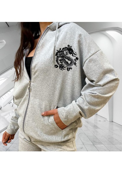 Kapüşonlu Japon Ejderha Baskılı Tam Fermuarlı Oversize Dış Mekan Kadın Ceket-Sweatshirt fiyatları