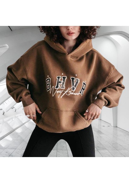B.h.v.r Göğüs Baskılı Kapüşonlu 4 Iplik Çok Kalın Tam Kışlık Oversize Yeni Stil Kadın Sweatshirt