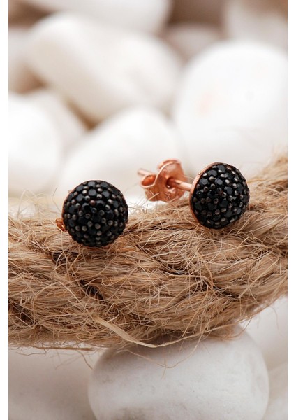 Siyah Taşlı Rose Gümüş Küpe 5560