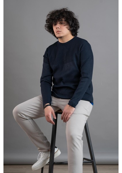 Bisiklet Yaka Likralı Microfilament Kumaş Slimfit Erkek Sweatshirt