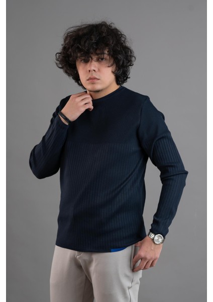 Bisiklet Yaka Likralı Microfilament Kumaş Slimfit Erkek Sweatshirt