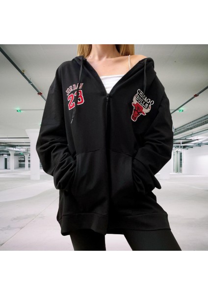 Jordan 23 Baskılı Kapüşonlu Tam Fermuarlı Şardonlu Pamuk Dokuma Oversize Yeni Stil Kadın Ceket-Sweatshirt