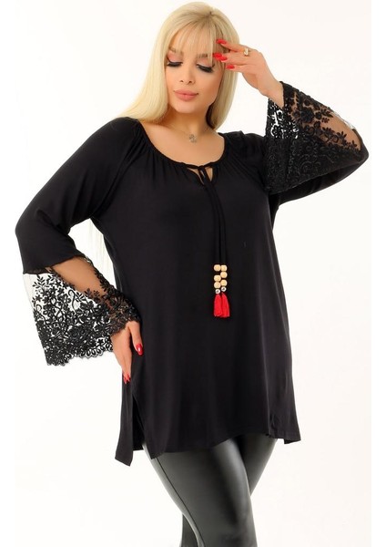 Özel Tasarım Kol Dantelli Boynu Bağcıklı Volanlı Kayık Yaka Tunik fırsatları