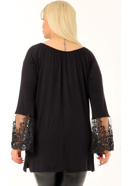 Özel Tasarım Kol Dantelli Boynu Bağcıklı Volanlı Kayık Yaka Tunik indirimleri