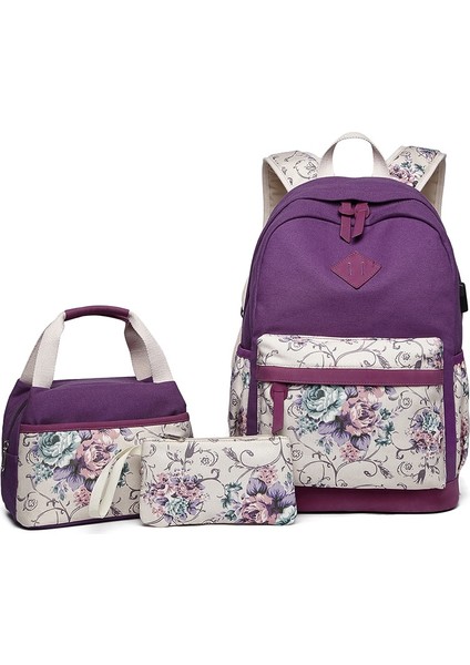 3 Adet/takım Baskılı Öğrenci Sırt Çantası-Mor (Yurt Dışından)