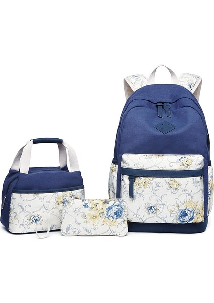 3 Adet/takım Baskılı Öğrenci Sırt Çantası-Koyu Mavi (Yurt Dışından)