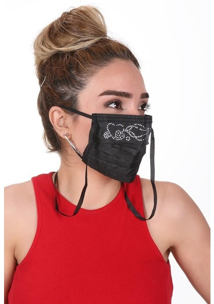 Boyundan Askılı Yıkanabilir Taşlı Maske T-4 Siyah