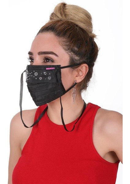 Boyundan Askılı Yıkanabilir Taşlı Maske T-4 Siyah