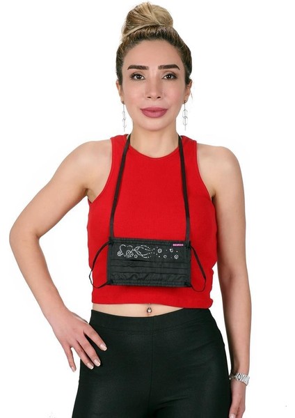 Boyundan Askılı Yıkanabilir Taşlı Maske T-4 Siyah