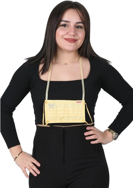 Boyundan Askılı Yıkanabilir Taşlı Maske K-4 Sarı