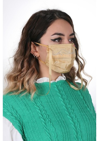 Boyundan Askılı Yıkanabilir Taşlı Maske T-1 Bej