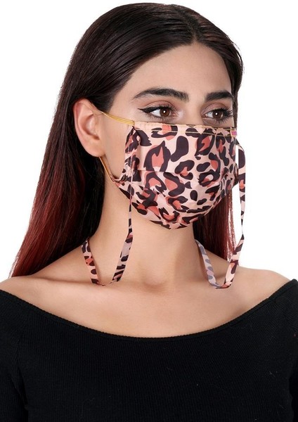 Boyundan Asklı Yıkanabilir Maske Leopar Bej