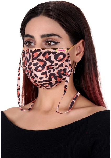 Boyundan Asklı Yıkanabilir Maske Leopar Bej