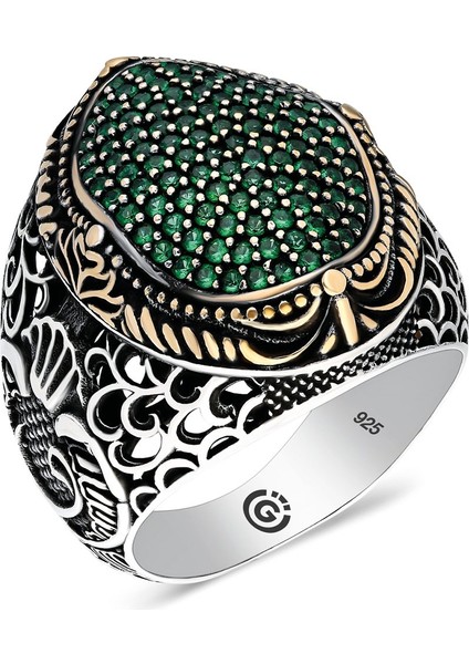 925 Ayar Gümüş Yeşil Zirkon Taşlı Vav Desenli Usta Işi Erkek Yüzük