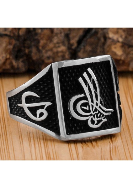 925 Ayar Gümüş Tuğra Elif Vav Desenli Taşsız Erkek Yüzük