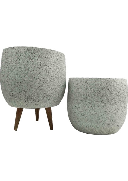 Ev Dekorasyon Aksesuar Beyaz Granit Toprak Saksı Saksılık Salon Çiçeklik İkili Set Ayaksız - 3 Ayaklı- 19 CM