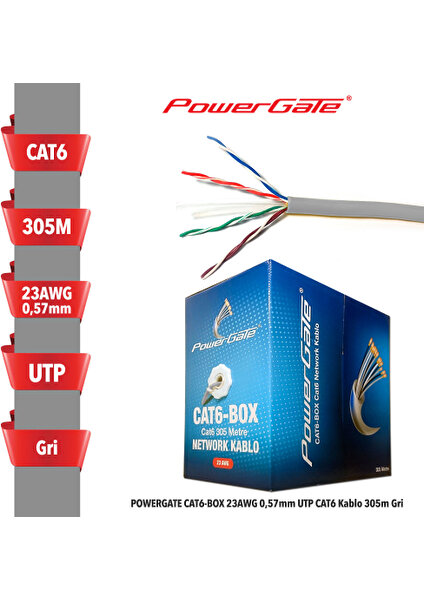 Cat6-Box-Gy 23AWG 0.57 mm Utp Cat6 Kablo Gri 305 mt