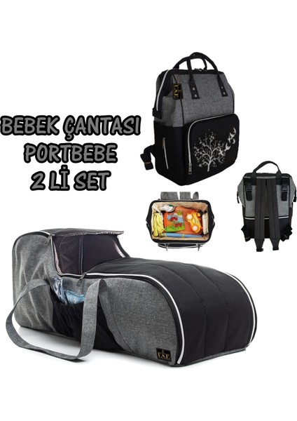 Anne Bebek Bakım Çantası + Portbebe Ana Kucağı Puset Bebek Taşıma Ikili Set