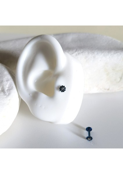 Cerrahi Çelik Blue Papatya Tek Taş Piercing Bar Uzunlugu 6 mm