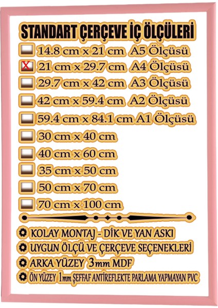 MİXEFOR A4 Çerçeve-Renk PEMBE -Arka Yüzey 3mm Mdf- Ön yüzey Kırılmaz parlama yapmayan Antireflektif fırsatları