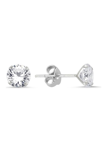 6mm Yuvarlak Zirkon Gümüş Kadın Küpe