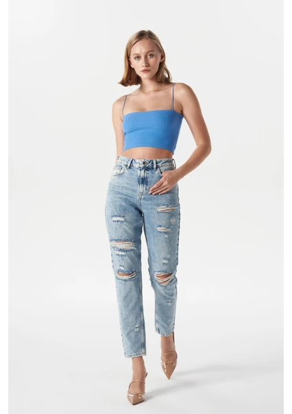 Cross Jeans Ariana Açık Mavi Yüksek Bel Yıpratmalı Mom Fit Fermuarlı Jean Pantolon C 4525-063